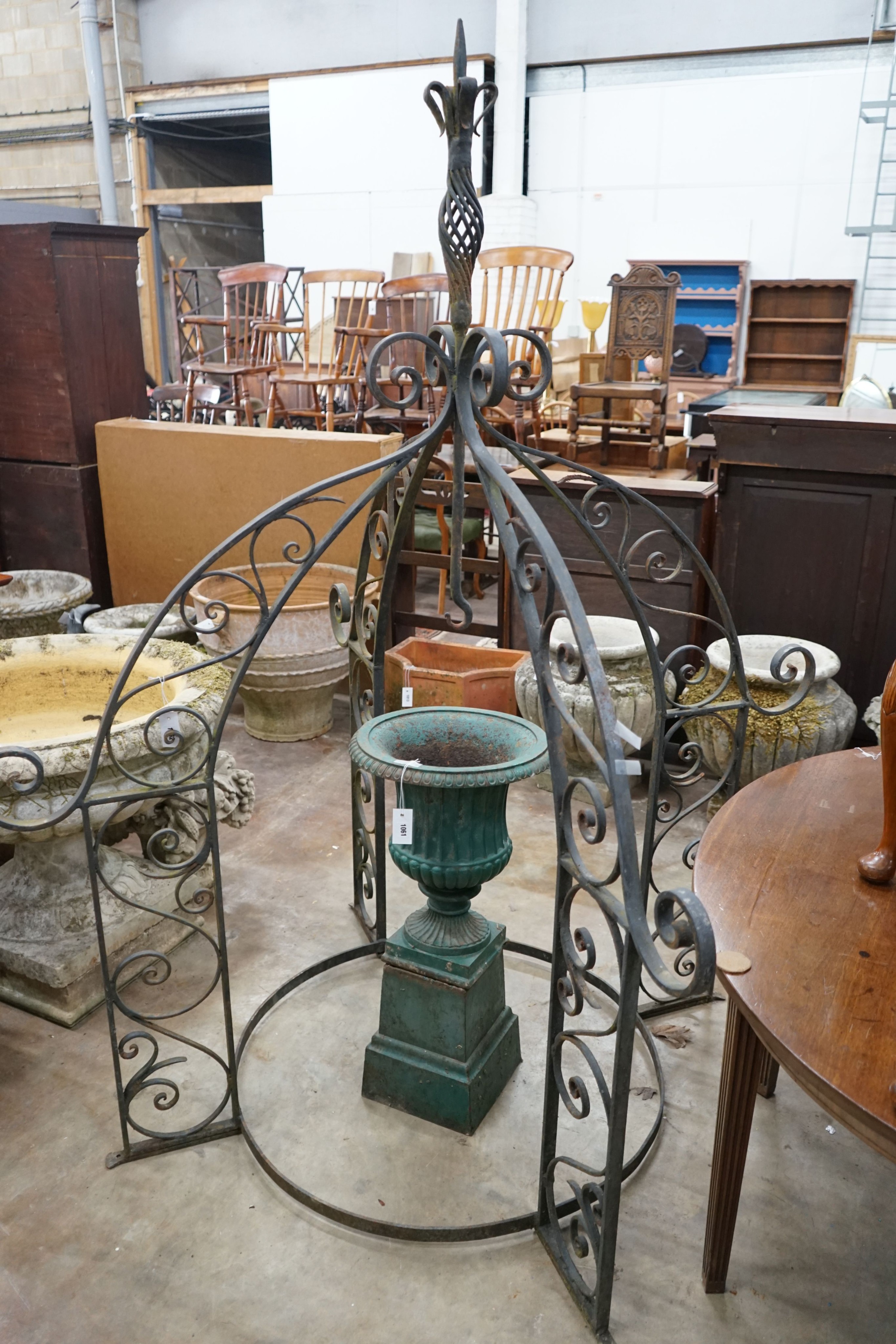 A painted wrought iron circular well head canopy, diameter 140cm, height 200cm